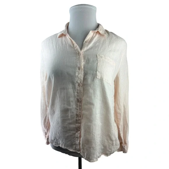 Garnet Hill Linen Button Up Pocket Shirt Light Pink Sheer Long Sleeve Size 12 - Picture 4 of 16